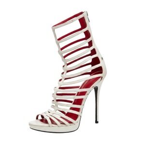 Cesare Paciotti Womens White Shimmer Red Gladiator Cage Stiletto Heels Size 37.5
